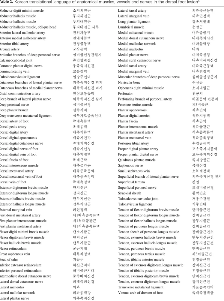 Table 1. Korean translational language of anatomical muscles, vessels and nerves in the dorsal foot lesion 37