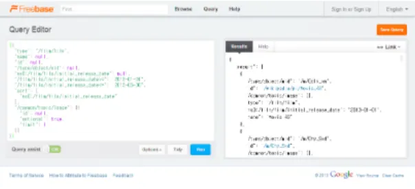 그림 7. Freebase 기반의 MQL Query Editor Fig. 7. MQL Query Editor based on Freebase