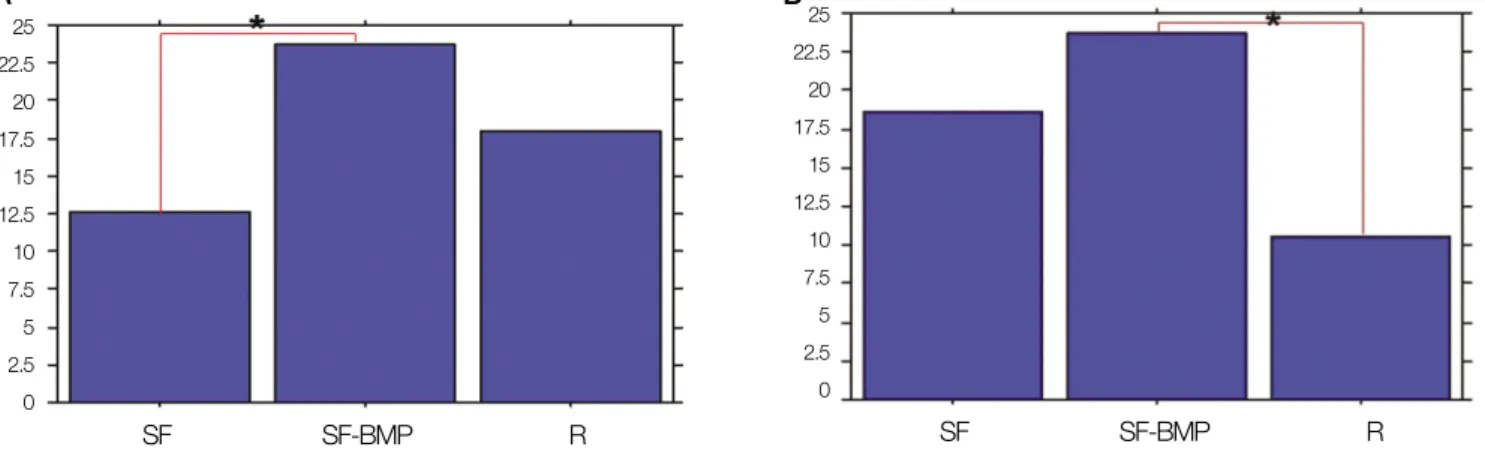 Fig. 4. ALP activity. A. The SF-BMP group (23.71±8.60 U/L) had a significant higher value than that of the SF group (12.65±