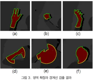 그림 3. 영역 확장과 경계선 검출 결과 Fig. 3. The result of region growing and boundary