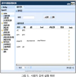 그림 8은 구현한 시스템의 사용자 등록 화면이다. 사용자 정보를 입력하고 저장 버튼을 클릭하면 표 1에서 소개된 addUser 웹서비스를 호출하여 등록한다