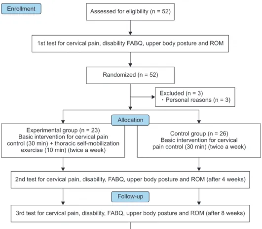 Figure 1. Study design. FABQ, fear-avoid- fear-avoid-ance belief questionnaire; ROM, range of  motion.