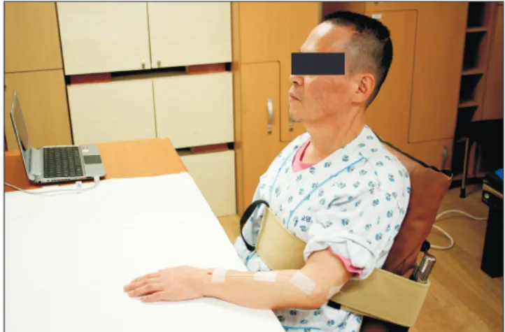 Figure 2. The experimental setting position to measure arm reaching. Figure 3. Strap to prevent compensation of trunk flexion.