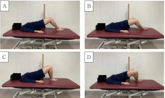 Figure  1.  The four different birdge exercise (A: with 90˚  of knee flexion and without hip external rotation, B: with 90˚  of knee flexion with hip external rotation, C: with 135˚  of knee flexion and without hip external rotation, D: with 135˚  of knee 