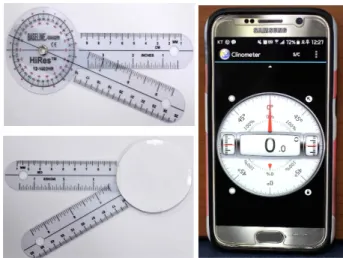 Figure  1.  Front and back face of the goniometer and smartphone application for measuring range of motion.