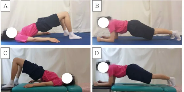 Figure  1. Back stabilization exercise program (A: general back stabilization exercise on supine position, B: general back stabilization exercise on prone position, C: back stabilization exercise with vibration stimulation on supine position, D: back stabi