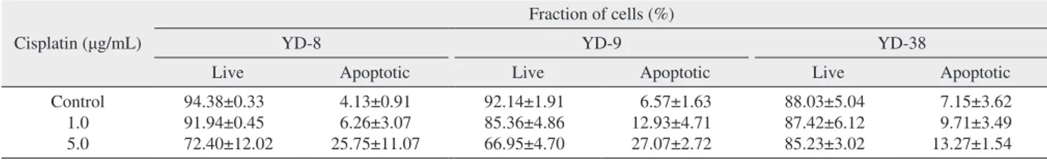 Table 2. Results of FACS analysis after treatment with cisplatin: evaluation of apoptotic effects of 48-hour cisplatin Cisplatin (μg/mL)