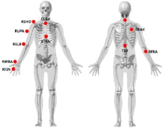 Figure  1.  Marker placement. Variable Age 22±1 a Height (㎝) 160±4.02 Body weight (㎏) 53.2±6.38 a mean±standard deviation.