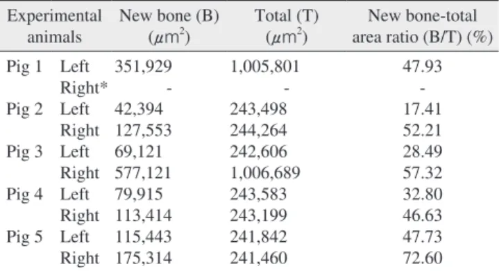 Table 2. The ratio of new bone over total bone for 4 experimental  and 5 control specimens