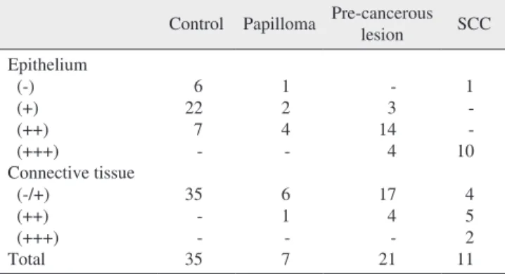 Table 2. Distribution of anatomical location of papillomas, pre- pre-cancerous lesions, and SCCs