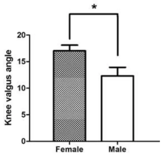Figure  3.  Gender differences in knee valgus angle during one-leg squat (*p<.05).