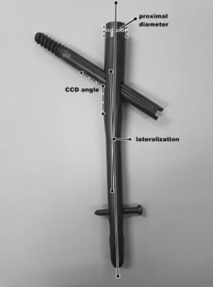 Fig. 7. Example of the Zimmer natural nail. The proximal diameter of  the instrument is reduced from 16 to 15.5 mm as depicted by the  dot-ted outline