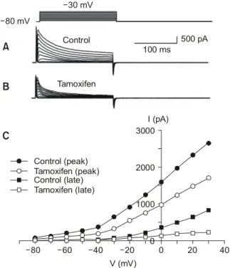 Fig.  1.  The  effects  of  tamoxifen  (10μM)  on  the  voltage-dependent  K + currents