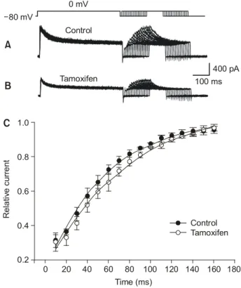 Fig.  3.  The  effects  of  tamoxifen  on  recovery  from  inactivation  of  voltage-dependent  K +  currents