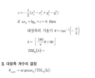 그림 3. 회전된 표준 얼굴 대한 대칭축 검출과정.(a)입력영상 (b)에지 포인트의 집합과 검출된 대칭축 (c)  공간에서 검출된 대칭축 계수 Fig