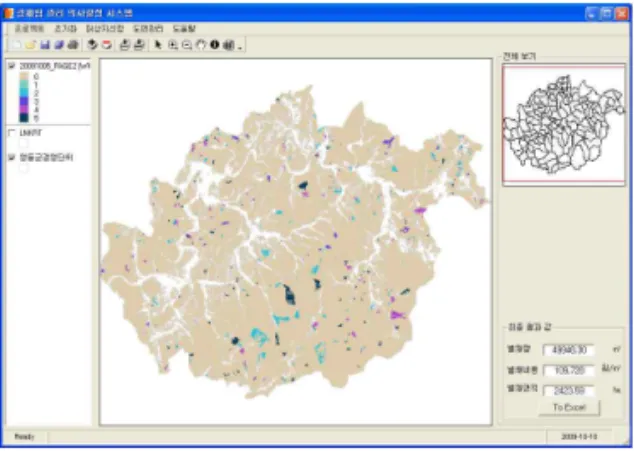 그림 7. 타부서치 변형 모델에 의해 선정된 최적 사업대상지 Fig. 7. Harvest units resulted from the revised Tabu Search model