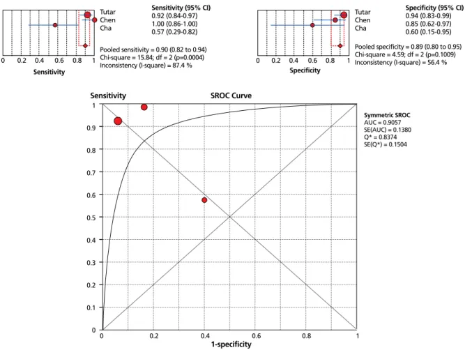 Figure 2.  Pooled diagnostic accuracy. CI, Confidence Intervals; SROC, summary receiver operating characteristics; AUC, area under the curve; SE, standard error; Q,  cochran's Q