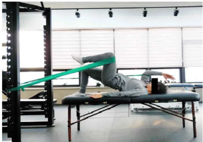 Figure 1. One leg support bridging exercise Figure 2. Sprinter pattern bridging exercise using theraband