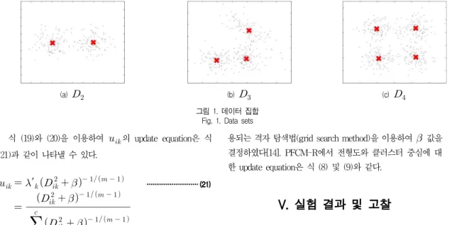 그림 1. 데이터 집합 Fig. 1. Data sets 식 (19)와 (20)을 이용하여   의 update equation은 식 (21)과 같이 나타낼 수 있다