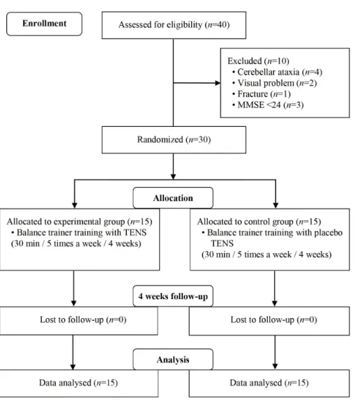 Figure 1. CONSORT flowchart for ex- ex-perimental procedure. MMSE: mini-  mental state examination, TENS:  Trans-cutaneous Electrical Nerve  Stimula-tion.