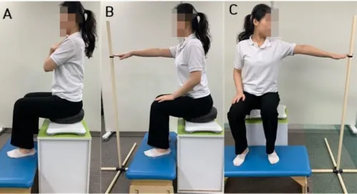Figure 2. The setting for measuring  pelvic movement (A), during reaching task (B, C).
