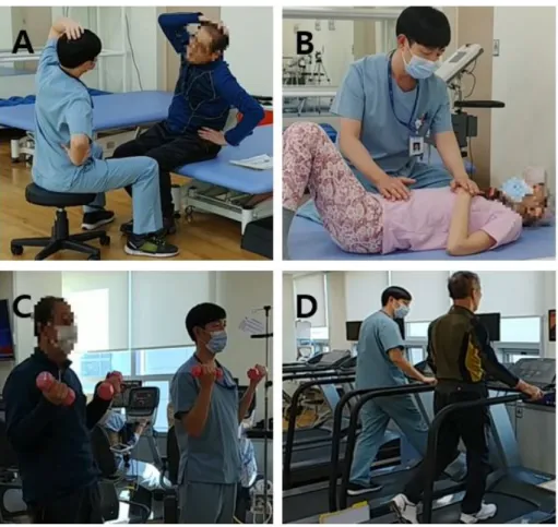 Figure 1. The program of pulmonary  rehabilitation. (A) Flexibility exercise.