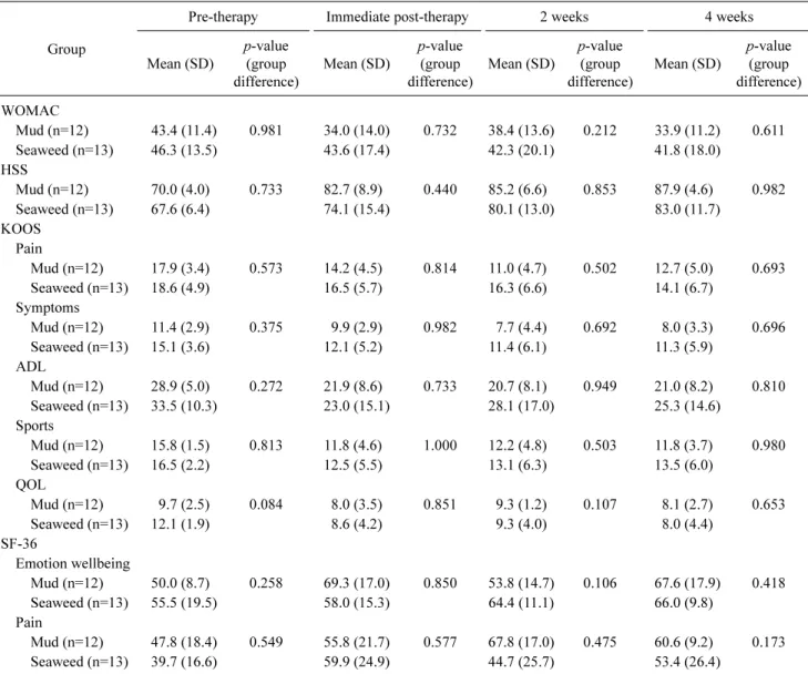 Table 2. Comparison of clinical scores between groups during each period (N=25)