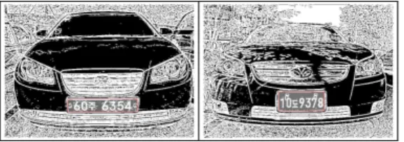 그림 3. 하나의 임계값 영상(좌)과 블록 이진화 영상(우) Fig. 3 A Binarized Image by Single Threshold