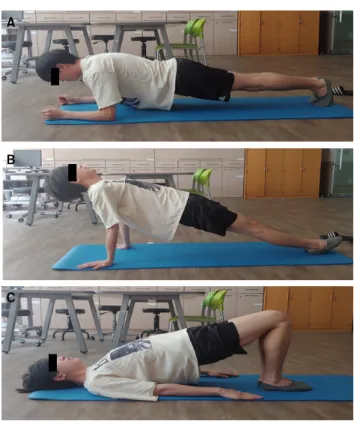 Figure 1. The position according to the exercise methods. (A) Prone  plank  exercise  method