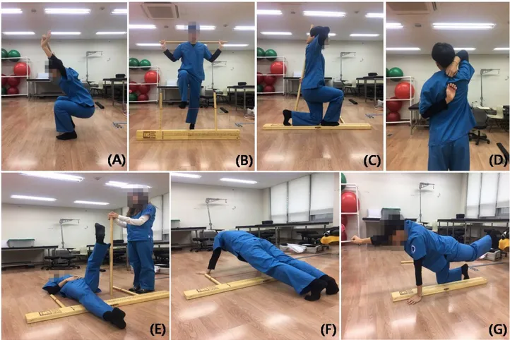 Figure 2. Functional movement screen. (A) Deep squat. (B) Hurdle step. (C) Inline lunge