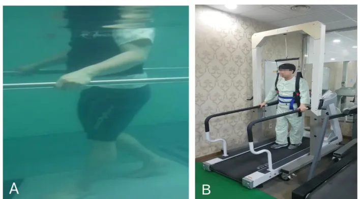 Figure 1. Backward treadmill training (A) on the underwater, (B) on ground.