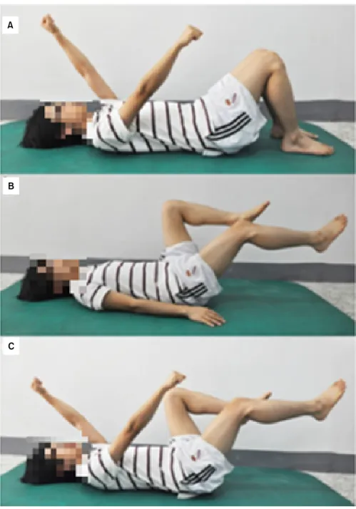 Figure 1.  (A) Upper extremity  dead-bug exercise. (B) Lower  ex-tremity dead-bug exercise