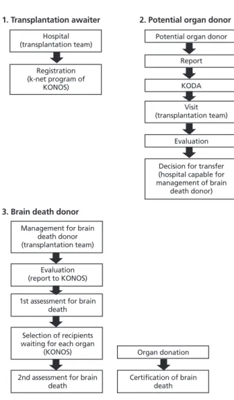 Figure 1.  System of brain-death organ donation in Korea. KONOS, Korean or- or-gan network for oror-gan sharing KODA, Korea oror-gan donation agency