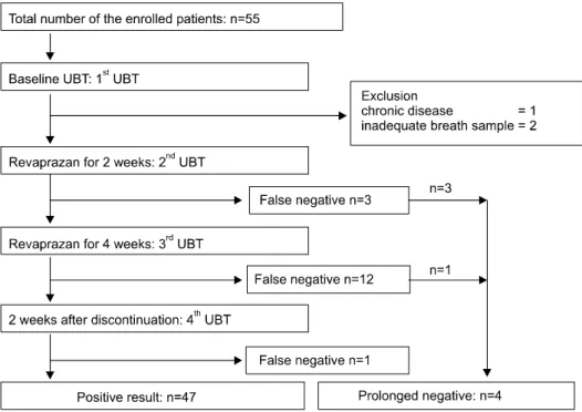 Fig. 1. Study design and flow. At  2 and 4 weeks, the false negative  rates of  13 C-urea breath test (UBT)  were 5.8% and 23.1%, respectively.