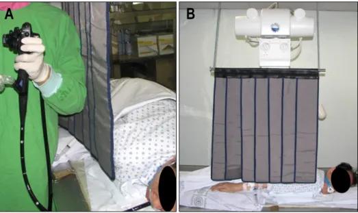 Fig. 1. Self-designed, protective  lead shield. (A) Self-designed,  pro-tective lead shield consists of  vertically-flexible, disposable,  radia-tion-protective drapes placed  dir-ectly on the patient in the sterile  field