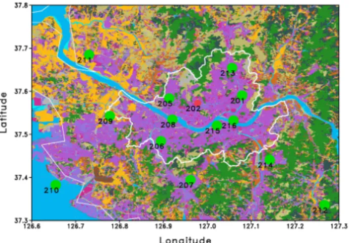 Fig. 1  Geolocations of WISE energy budget observations. Green dot and black number represent WISE observation sites  and thick white line represents Seoul area