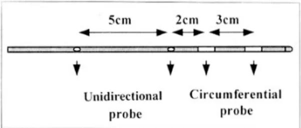 Fig. 1. A solid state manometric tube with four micro- micro-transducers. The two most distal transducers are  circum-ferential, sensing pressures over 360 degrees; the other two are unidirectional