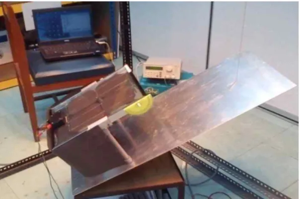 Fig. 1 Experimental configuration for indoor bifacial solar panel integrated with an external reflector.