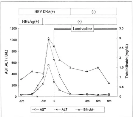 Fig. 1. Changes of serum AST, ALT, bilirubin, and HBV markers after lamivudine therapy in patient 1