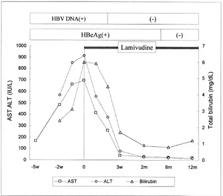 Fig. 2. Changes of serum AST, ALT, bilirubin, and HBV markers after lamivudine therapy in patient 2
