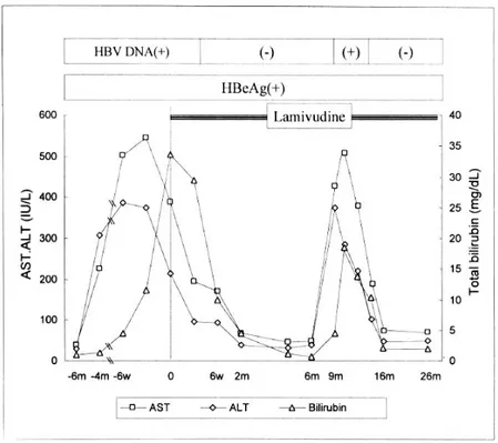Fig. 3. Changes of serum AST, ALT, bilirubin, and HBV markers after lamivudine therapy in patient 3