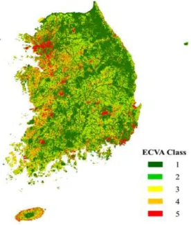 Fig. 4 Environmental zoning map 그림 4는 국토환경성 평가지도를 나타내며, 표 1은 제주를 제외한 국내 전 영역에 대한 국 토 환경성 평가등급의 해당 면적을 나타내고 있다