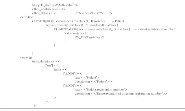 Figure 4.   Example for (A) HL-7 template and (B) open Electronic Health Record archetype on patient registration number.