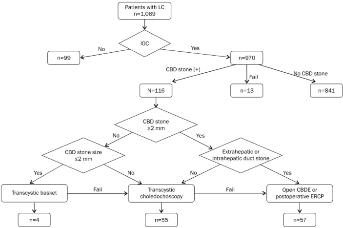Fig. 1. IOC flow chart. It shows the process of IOC and how to confirm CBD stone defected with IOC.