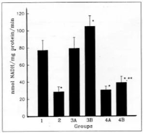 Fig. 1. Hepatic ADH activity. Values are mean±S.D. of 5 rats in each group. group 1, Normal rats; group 2, CBD ligated rats; groups 3A and 3B, The rats were sacrificed at the 1.5 hours (group 3A) and 24 hours (group 3B) after acute ethanol intoxication; gr