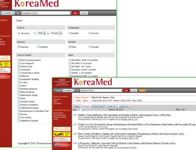 Figure 6. KoreaMed  “Limit”interface and the search results: limited to Clinical Trial, Humans and Male (“Clinical Trial”[PT]) AND