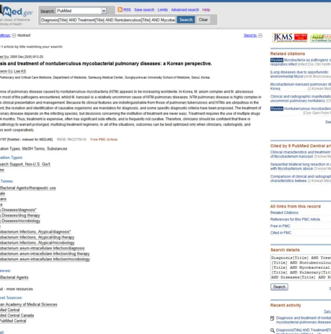 Figure 4. A PubMed record of the Journal of Korean Medical Science with various links: full text LinkOut icons to the journal web site and PubMed Central, Publication Types, MeSH terms, Substances, other LinkOut Resources such as PubMed Central Canada, UK 