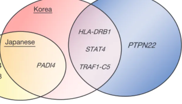 Figure 1. Genes associated with developing rheumatoid arthri- arthri-tis and their ethnic difference.