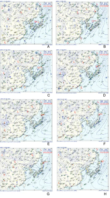 Figure 4. Surface weather chart at (A) 00UTC, (B) 03UTC, (C) 06UTC, (D) 09UTC, (E) 12UTC,  (F) 15UTC, (G) 18UTC and (H) 21UTC 13 May 2004.