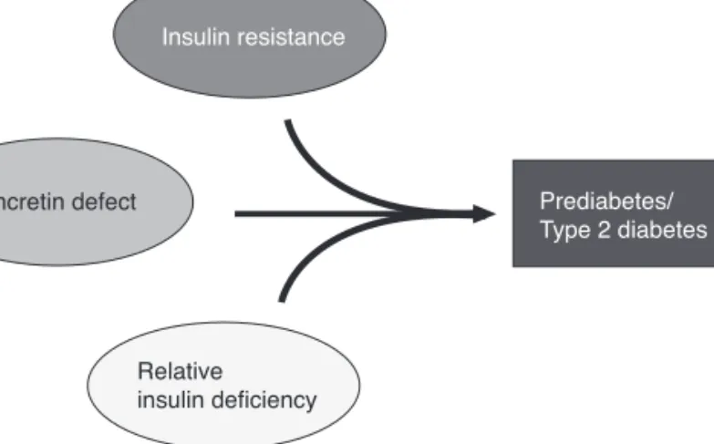 Figure 1. Redefining of pathophysiology of type 2 diabetes. Insulin resistance, β-cell dysfunction, and impaired incretin effects play a significant role in the development and progression of hyperglycemia in type 2 diabetes.